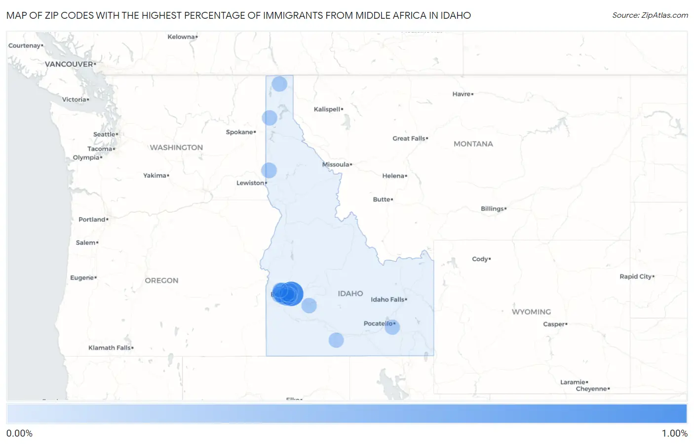 Zip Codes with the Highest Percentage of Immigrants from Middle Africa in Idaho Map