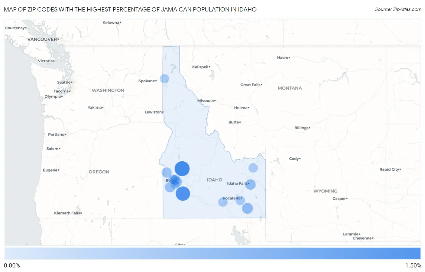 Zip Codes with the Highest Percentage of Jamaican Population in Idaho Map