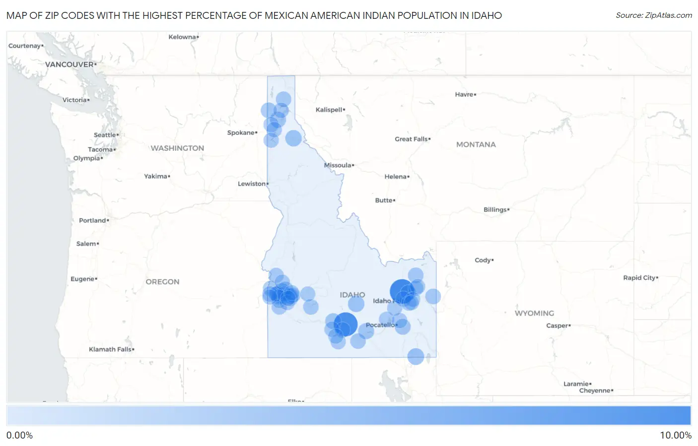 Zip Codes with the Highest Percentage of Mexican American Indian Population in Idaho Map