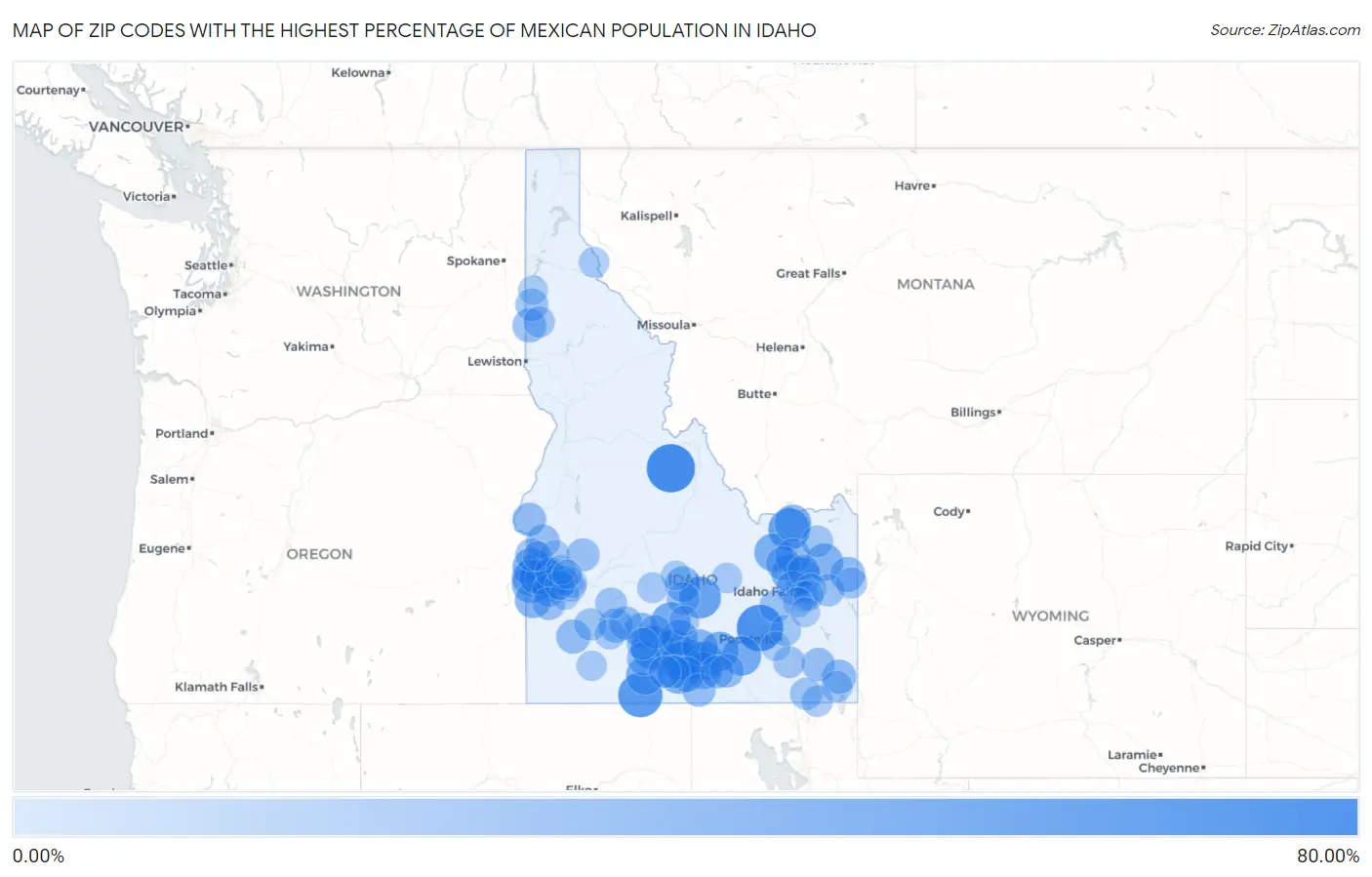 Zip Codes with the Highest Percentage of Mexican Population in Idaho Map