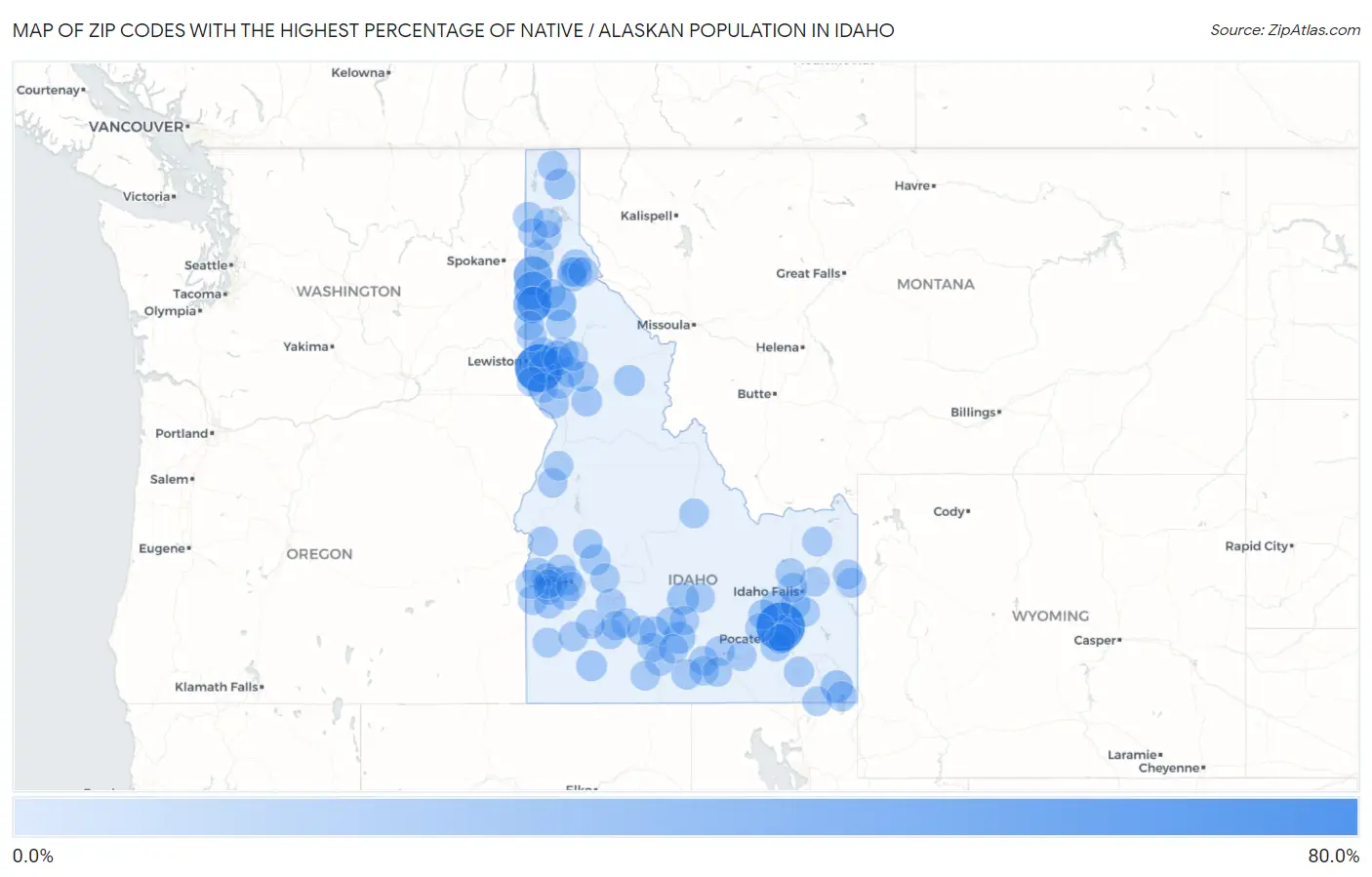 Zip Codes with the Highest Percentage of Native / Alaskan Population in Idaho Map