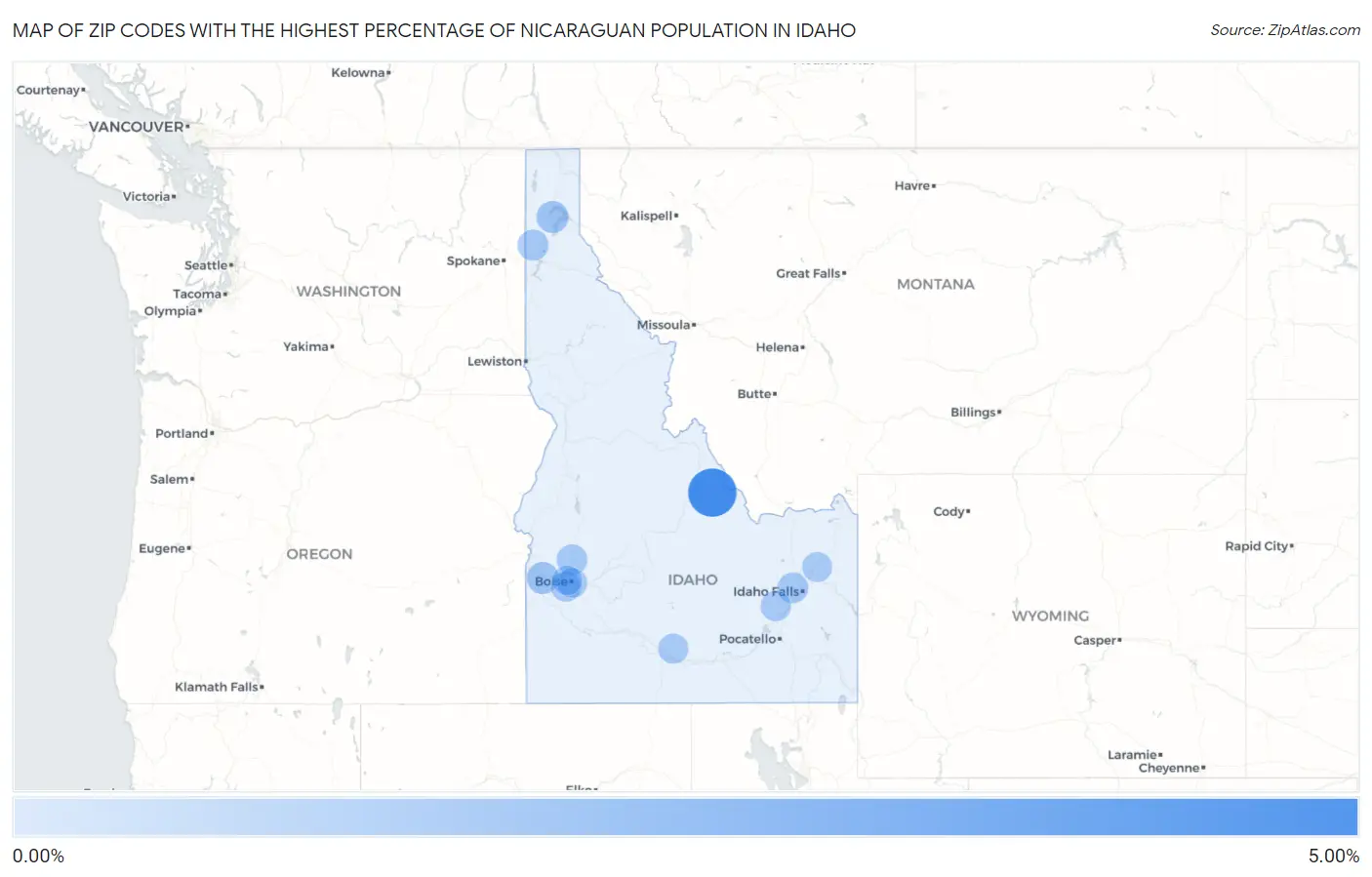 Zip Codes with the Highest Percentage of Nicaraguan Population in Idaho Map