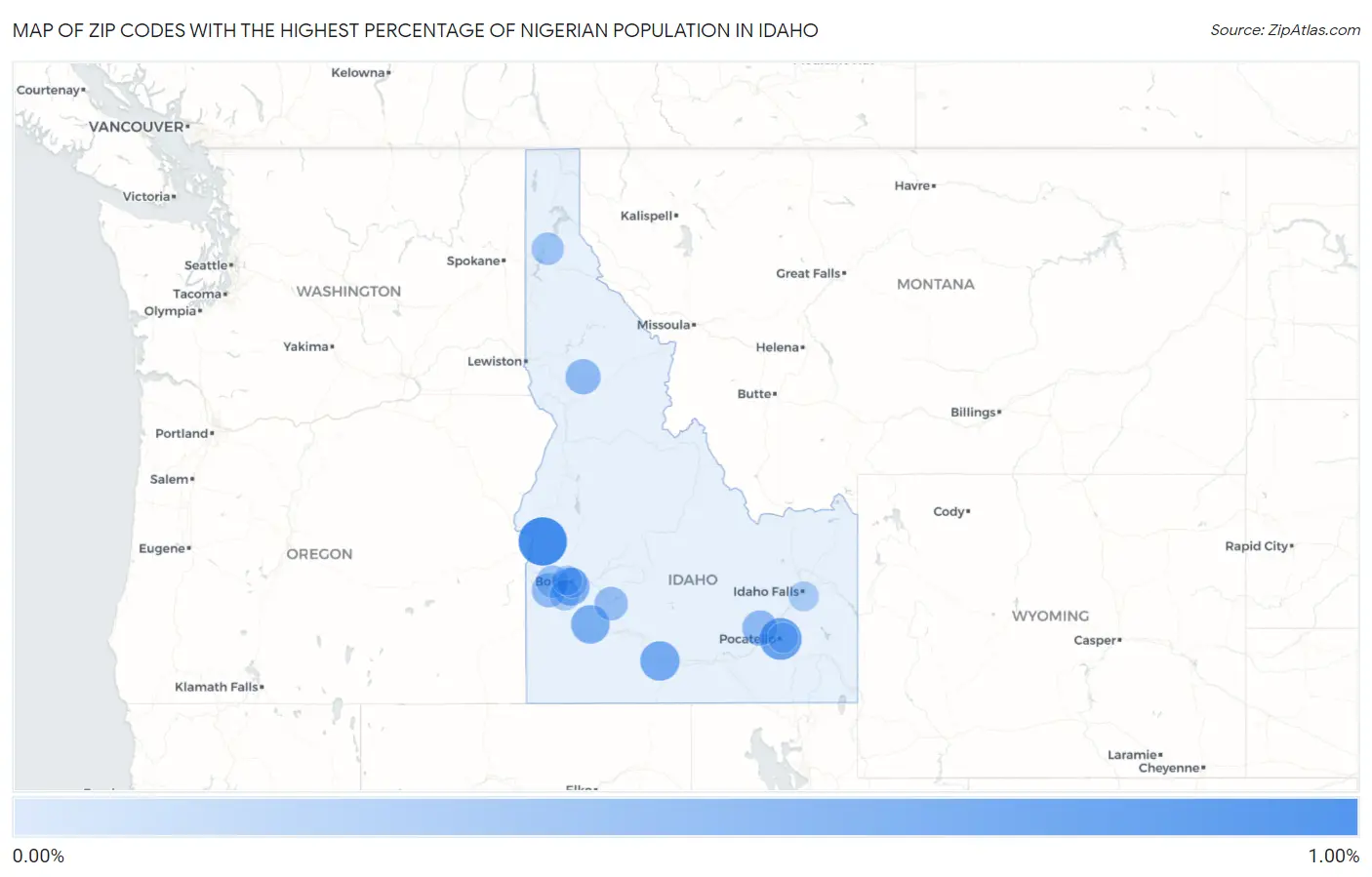 Zip Codes with the Highest Percentage of Nigerian Population in Idaho Map