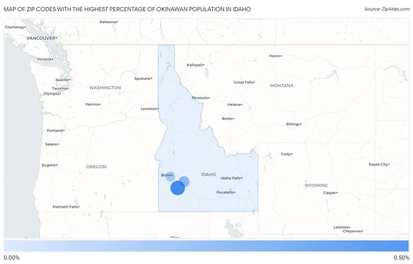 Zip Codes with the Highest Percentage of Okinawan Population in Idaho Map