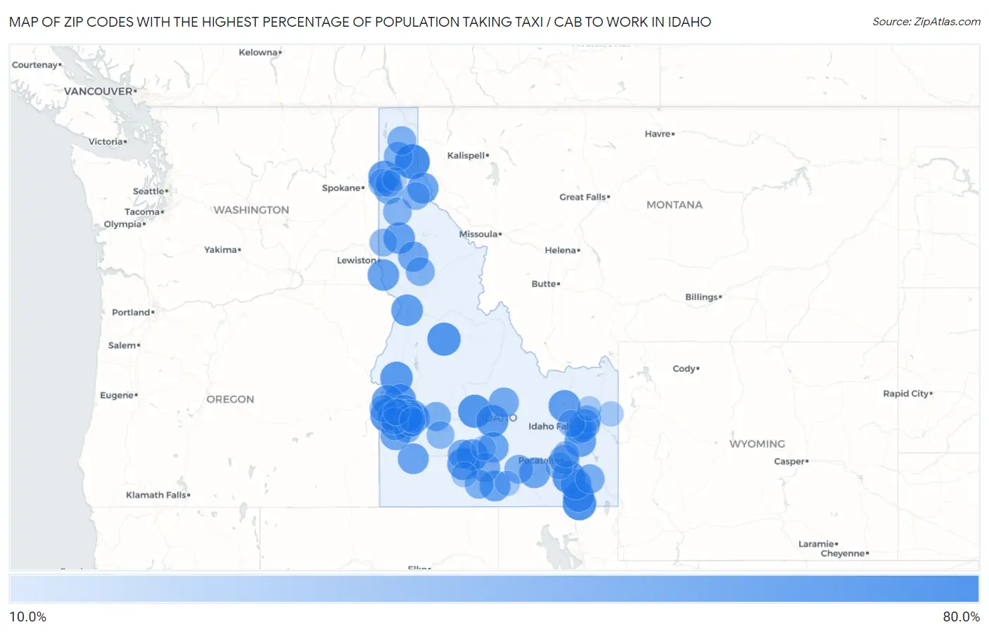 Zip Codes with the Highest Percentage of Population Taking Taxi / Cab to Work in Idaho Map