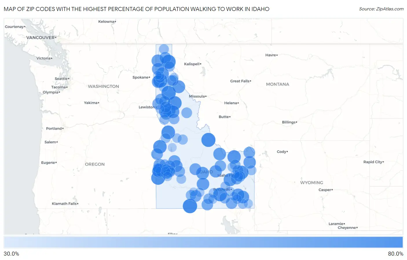 Zip Codes with the Highest Percentage of Population Walking to Work in Idaho Map