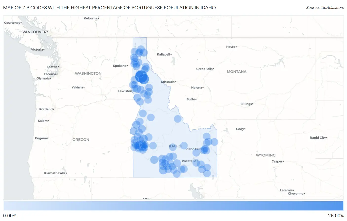 Zip Codes with the Highest Percentage of Portuguese Population in Idaho Map