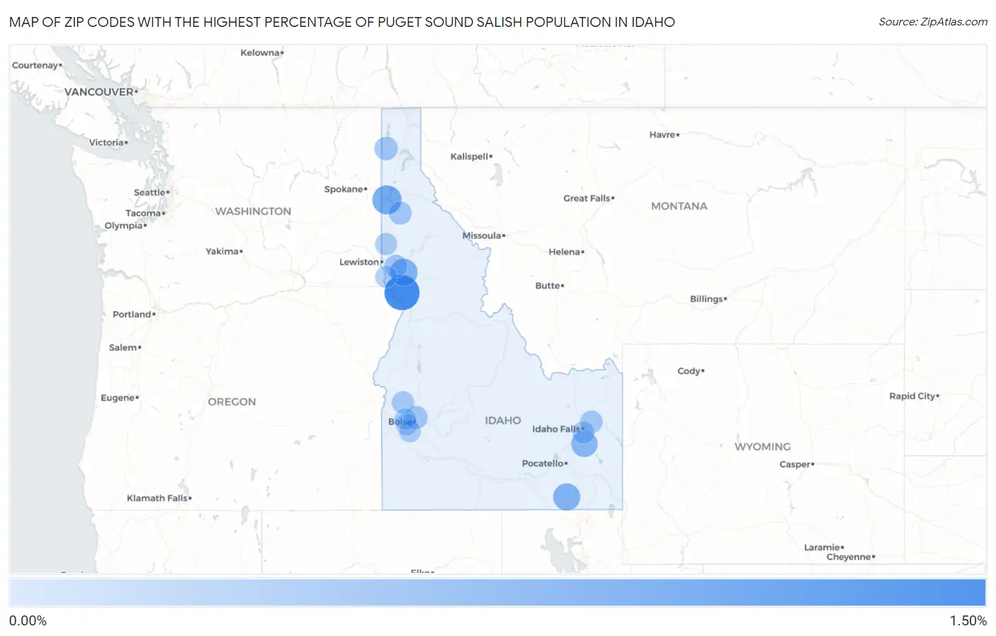 Zip Codes with the Highest Percentage of Puget Sound Salish Population in Idaho Map
