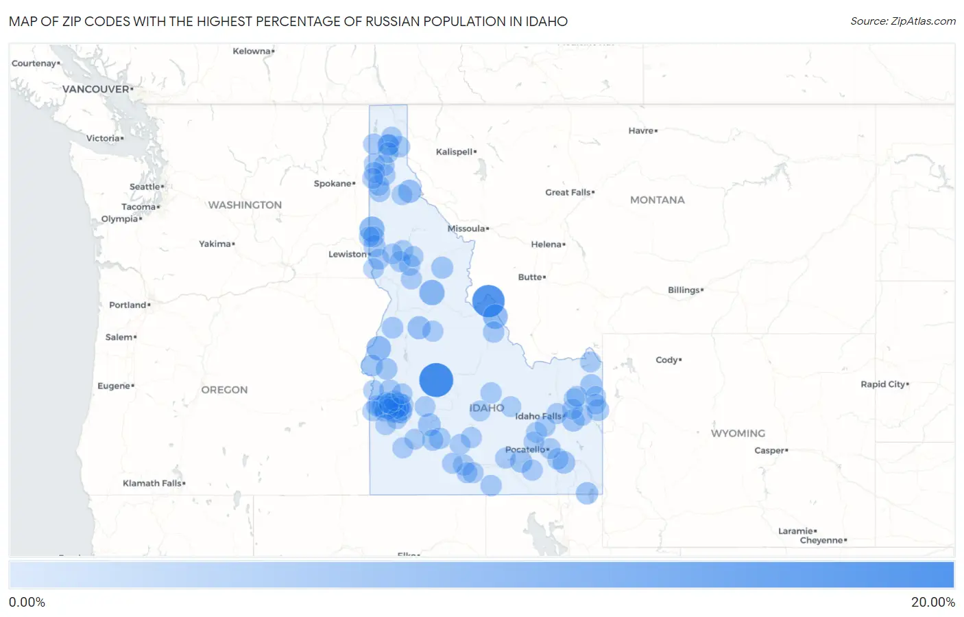 Zip Codes with the Highest Percentage of Russian Population in Idaho Map