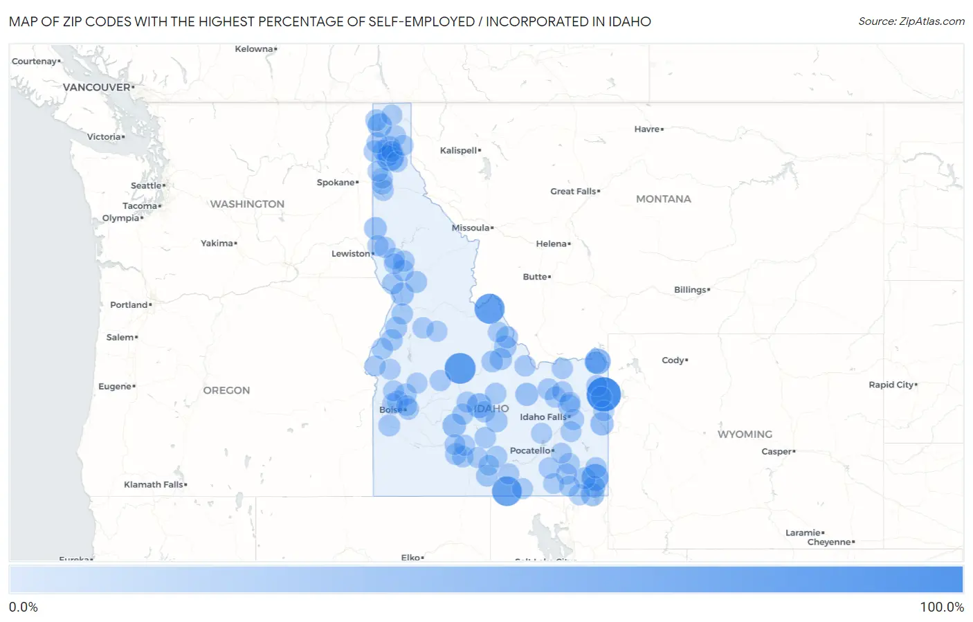 Zip Codes with the Highest Percentage of Self-Employed / Incorporated in Idaho Map