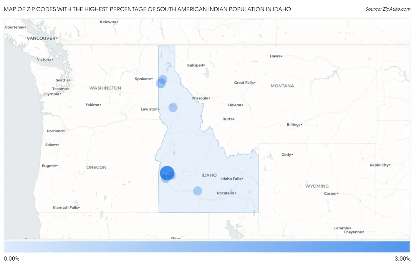 Zip Codes with the Highest Percentage of South American Indian Population in Idaho Map