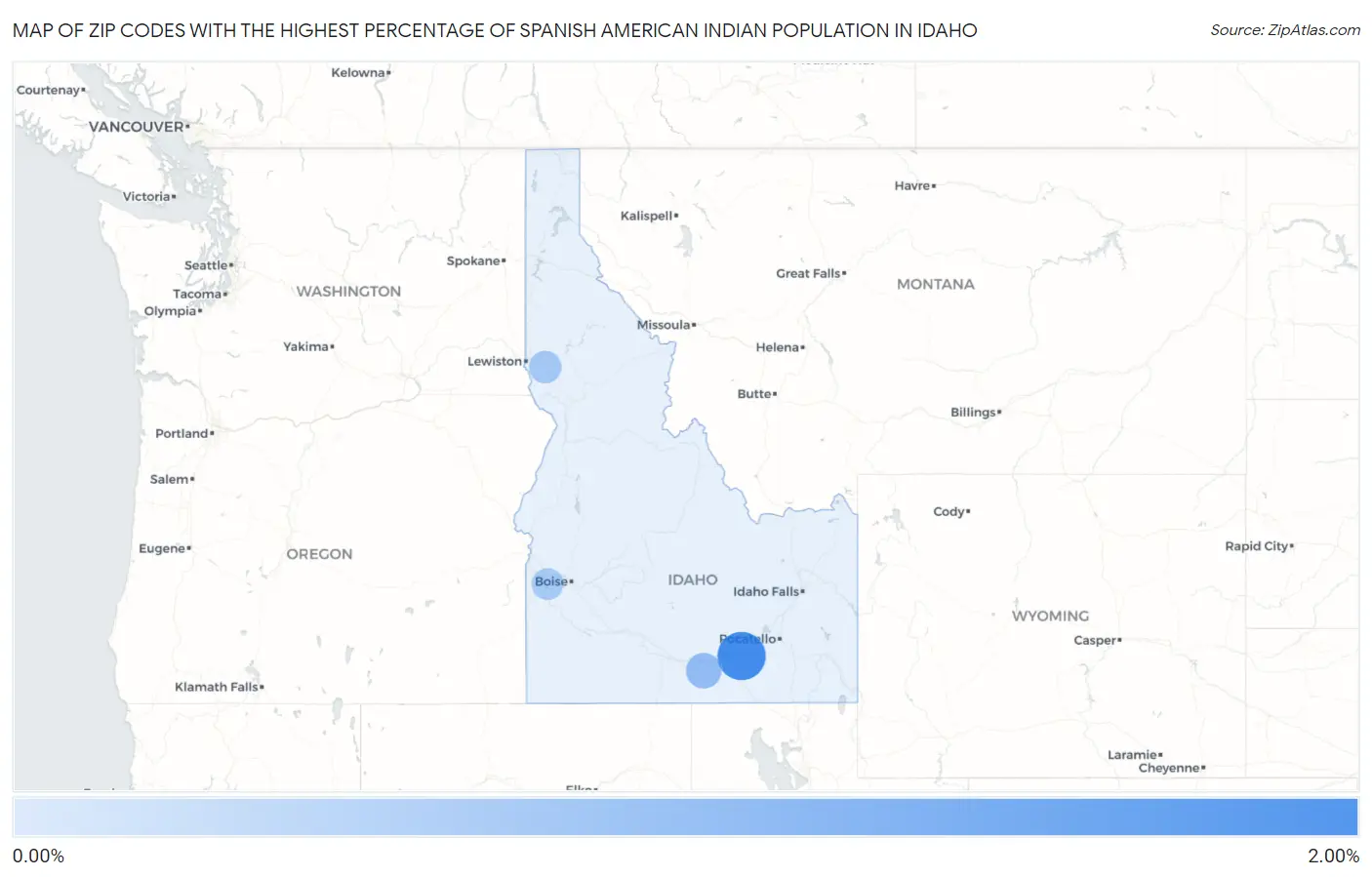 Zip Codes with the Highest Percentage of Spanish American Indian Population in Idaho Map