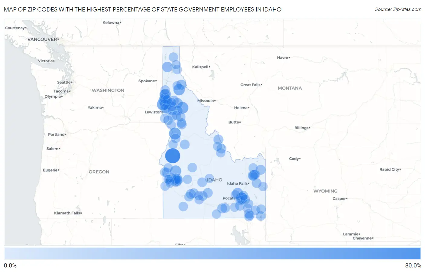 Zip Codes with the Highest Percentage of State Government Employees in Idaho Map
