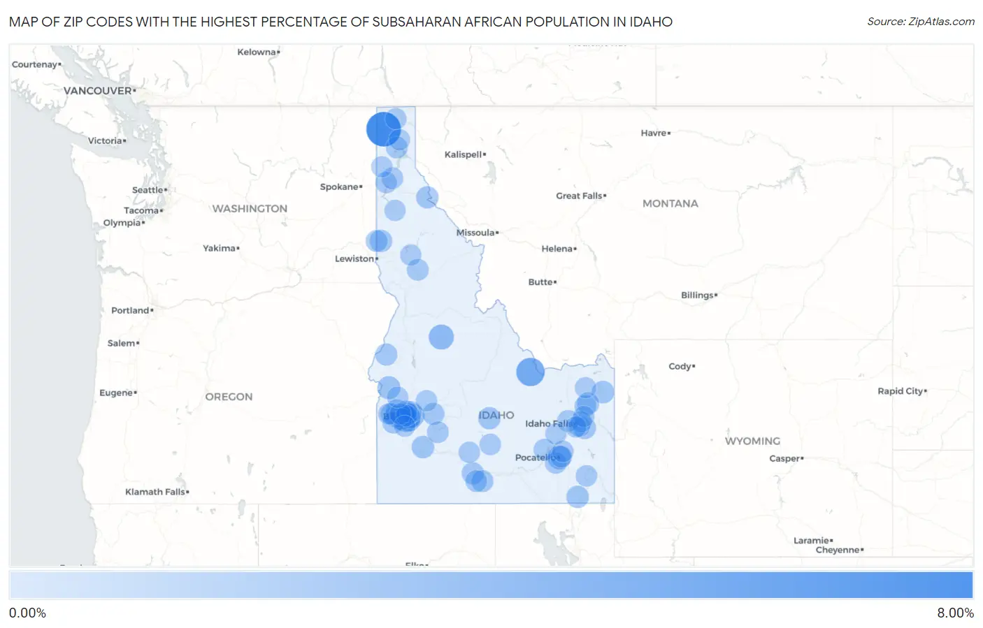 Zip Codes with the Highest Percentage of Subsaharan African Population in Idaho Map