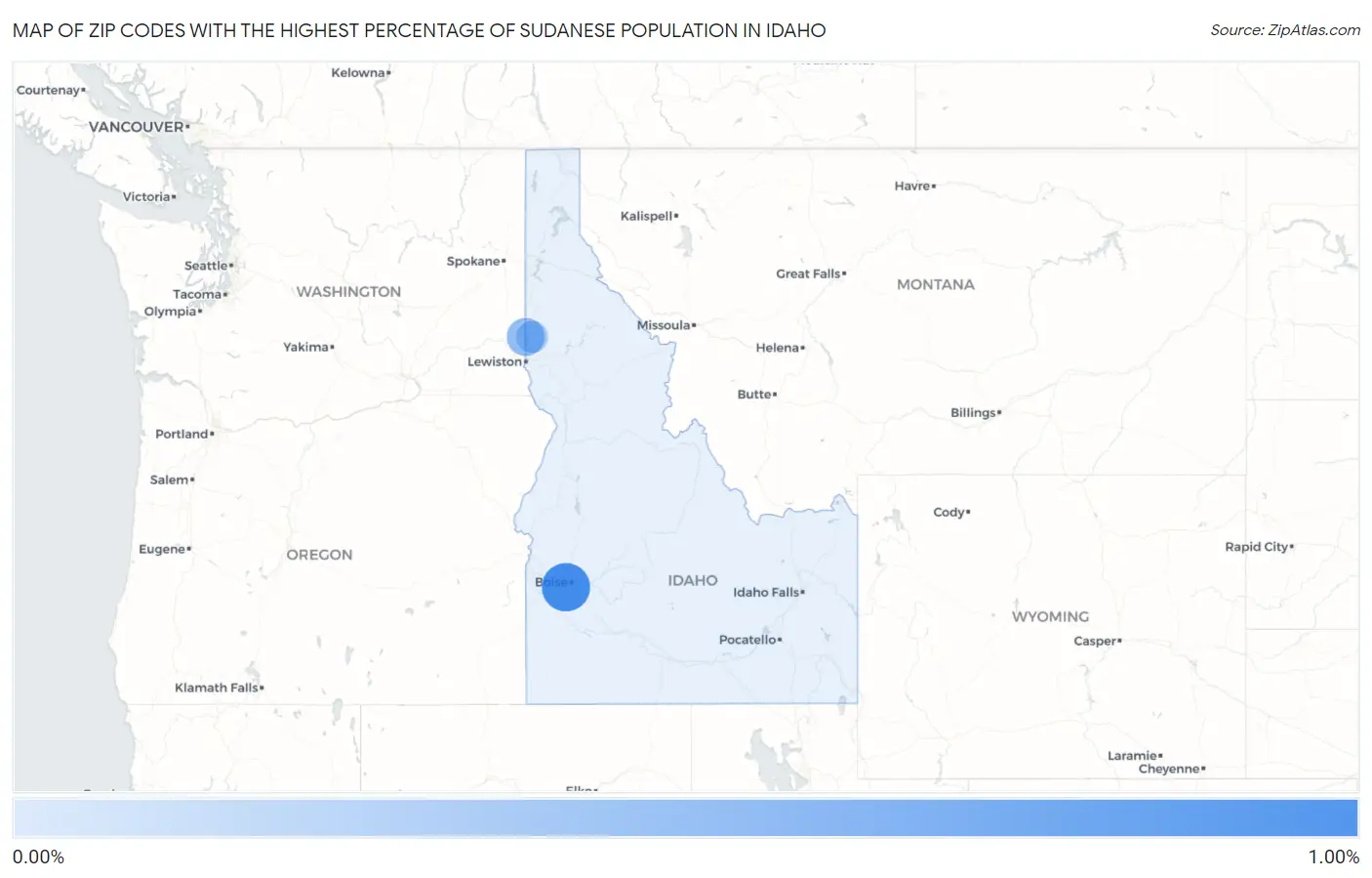 Zip Codes with the Highest Percentage of Sudanese Population in Idaho Map