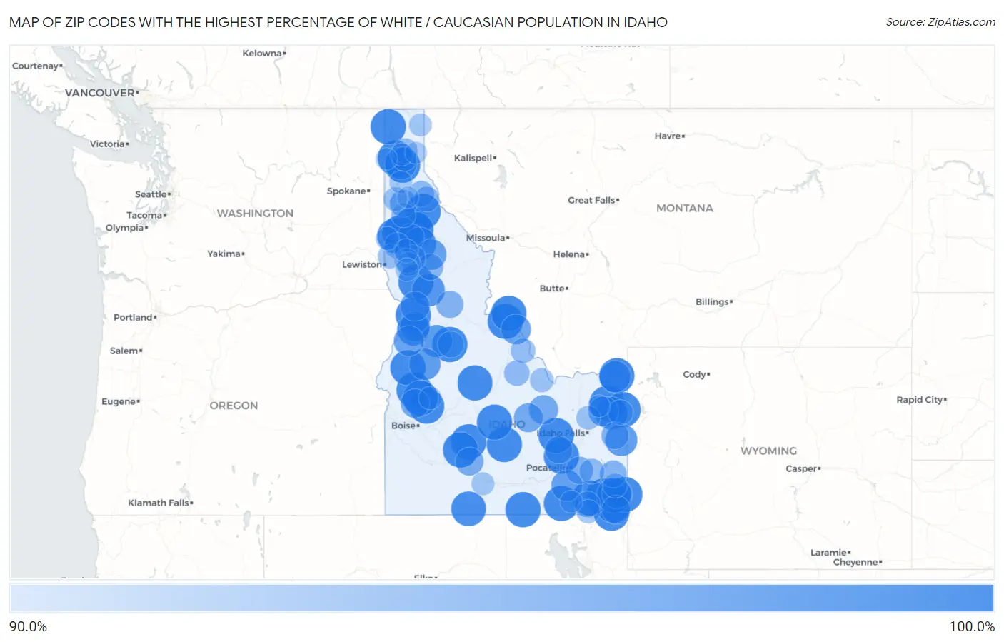 Zip Codes with the Highest Percentage of White / Caucasian Population in Idaho Map
