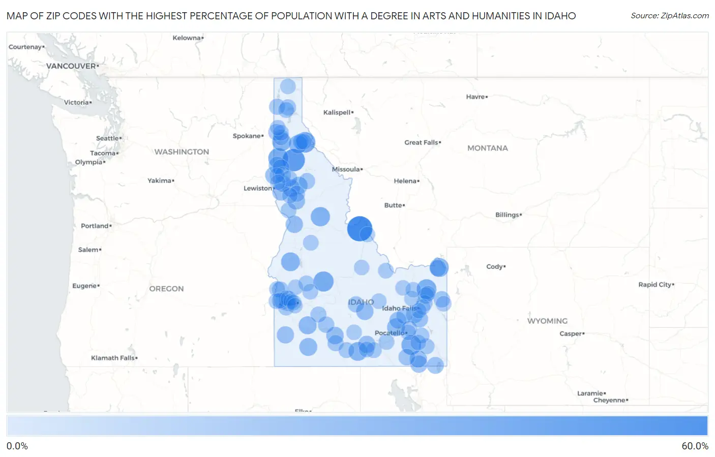 Zip Codes with the Highest Percentage of Population with a Degree in Arts and Humanities in Idaho Map