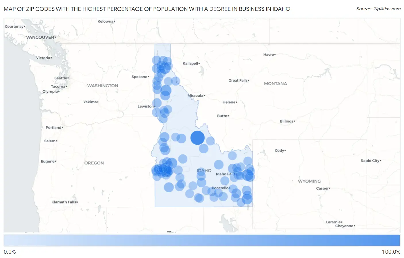 Zip Codes with the Highest Percentage of Population with a Degree in Business in Idaho Map
