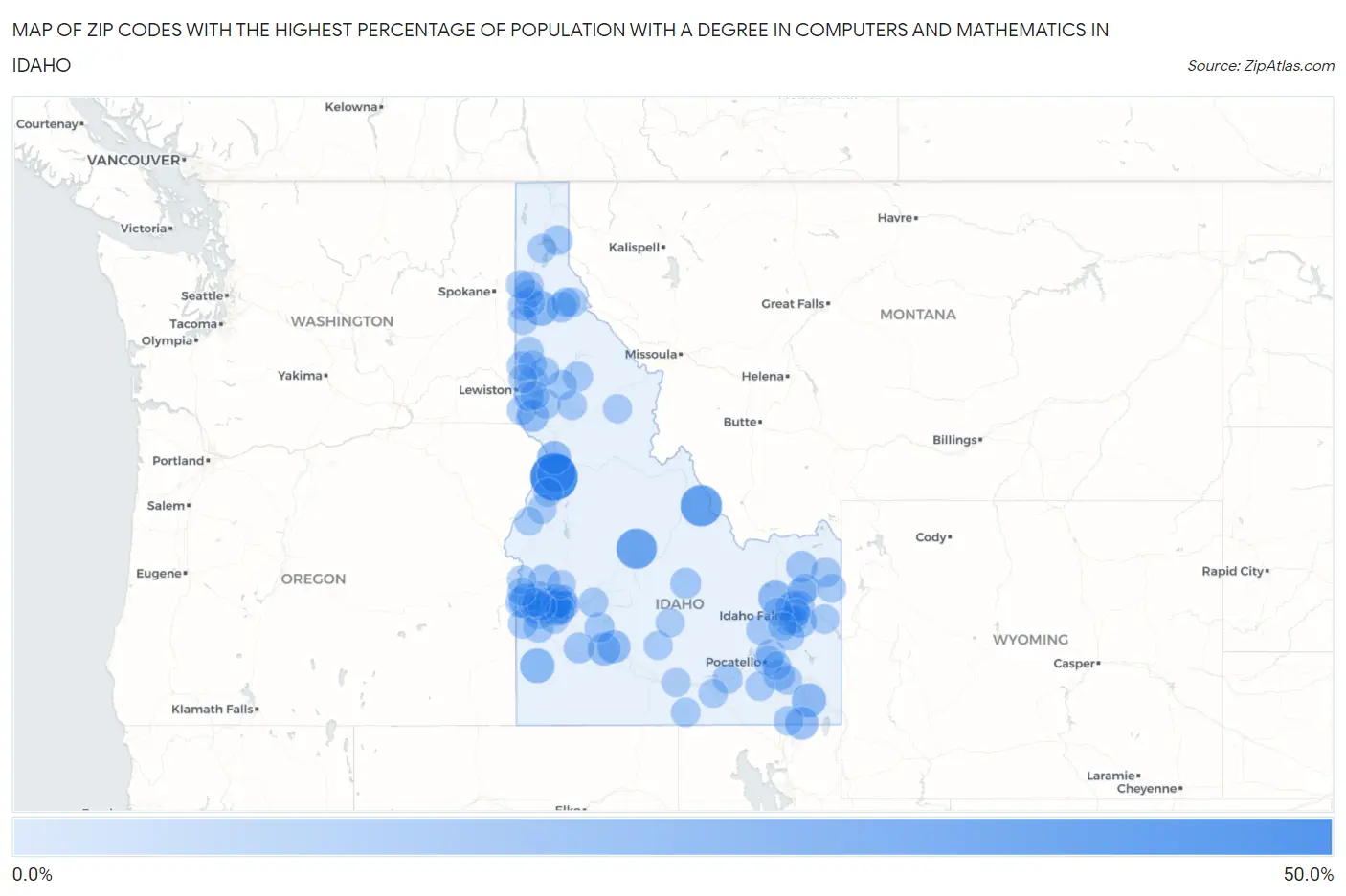 Zip Codes with the Highest Percentage of Population with a Degree in Computers and Mathematics in Idaho Map