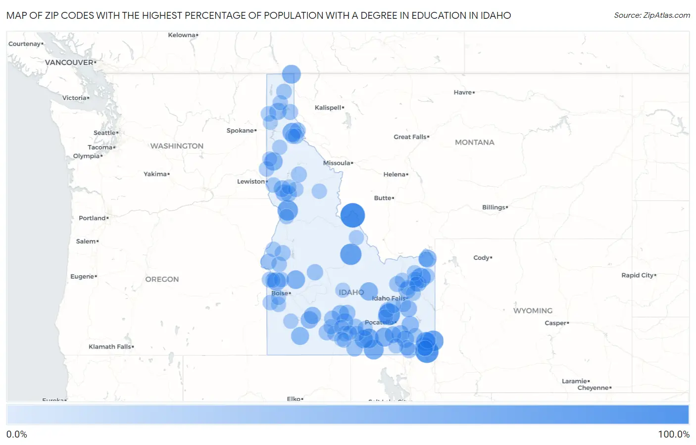 Zip Codes with the Highest Percentage of Population with a Degree in Education in Idaho Map