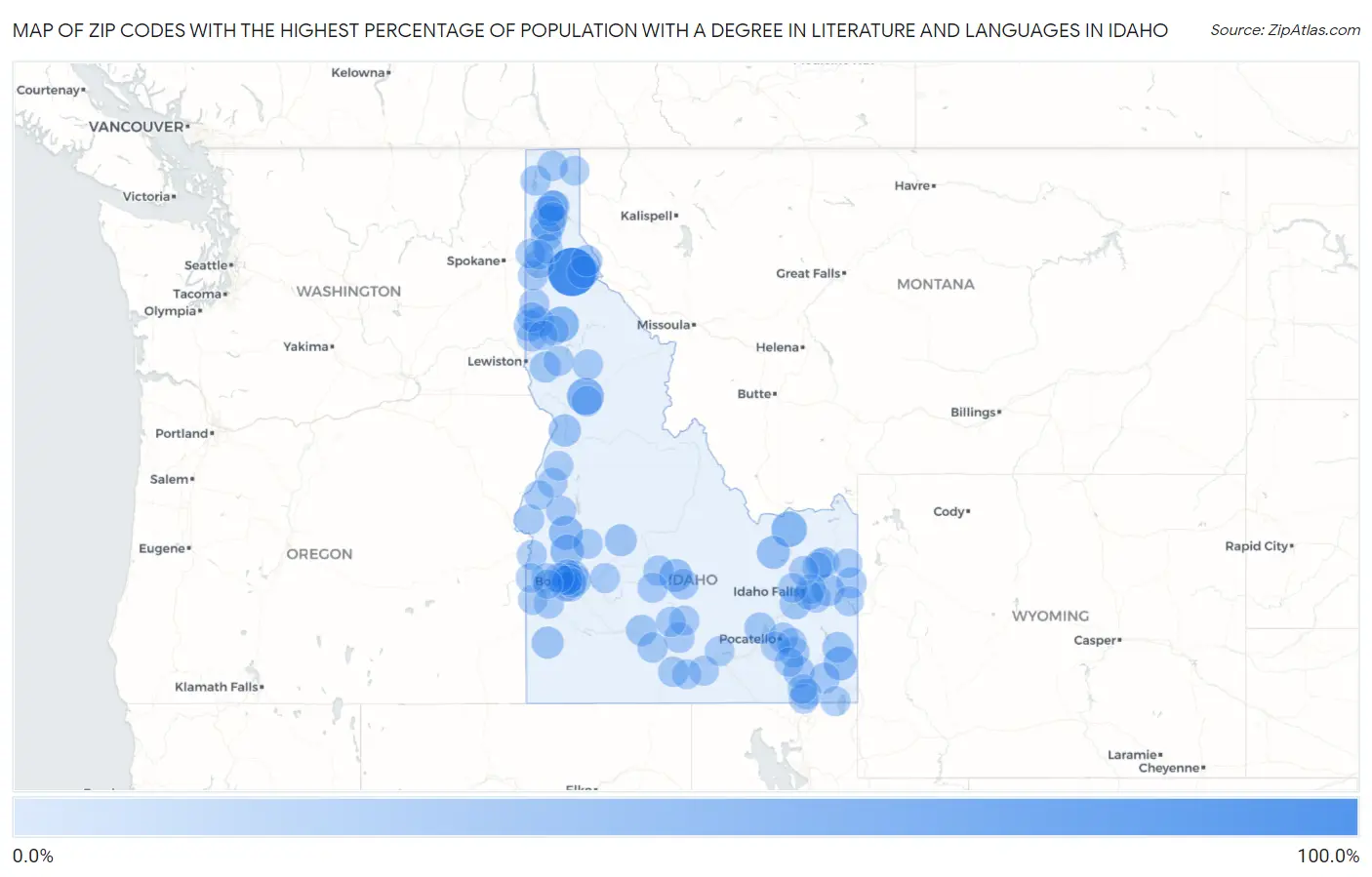 Zip Codes with the Highest Percentage of Population with a Degree in Literature and Languages in Idaho Map