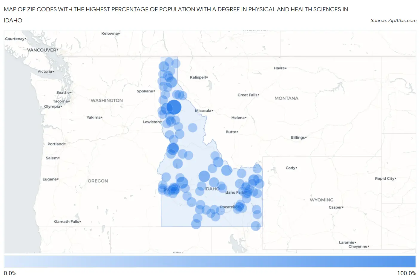Zip Codes with the Highest Percentage of Population with a Degree in Physical and Health Sciences in Idaho Map