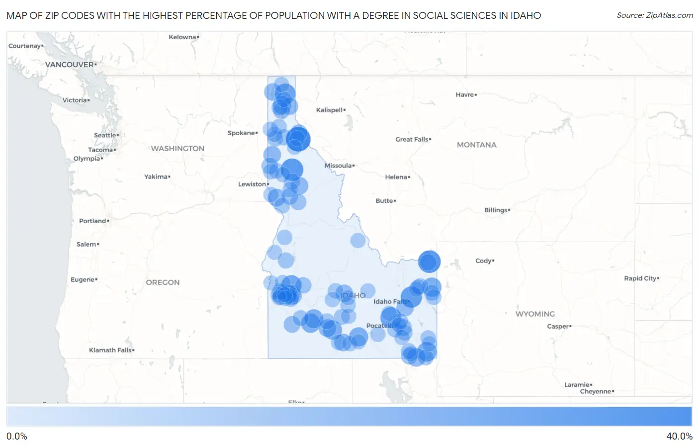 Zip Codes with the Highest Percentage of Population with a Degree in Social Sciences in Idaho Map