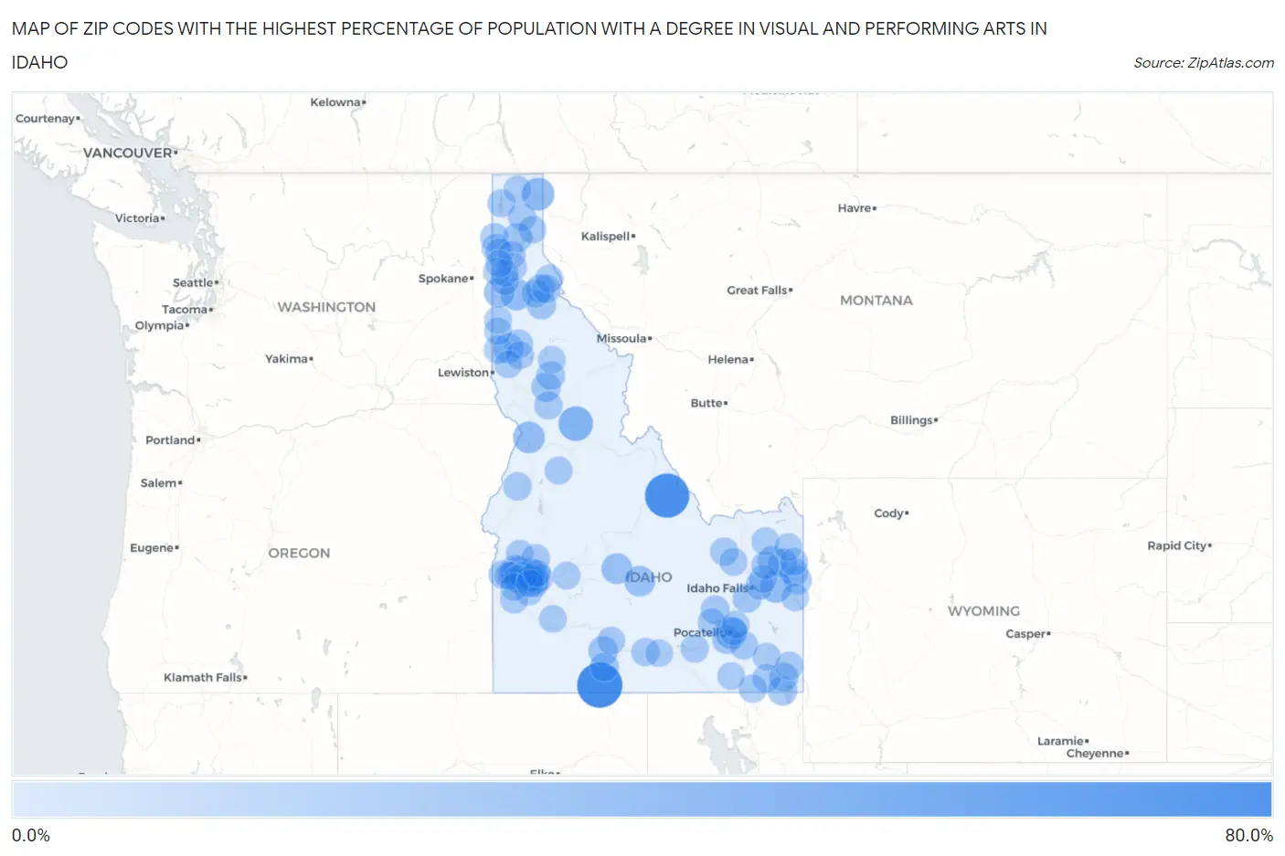 Zip Codes with the Highest Percentage of Population with a Degree in Visual and Performing Arts in Idaho Map