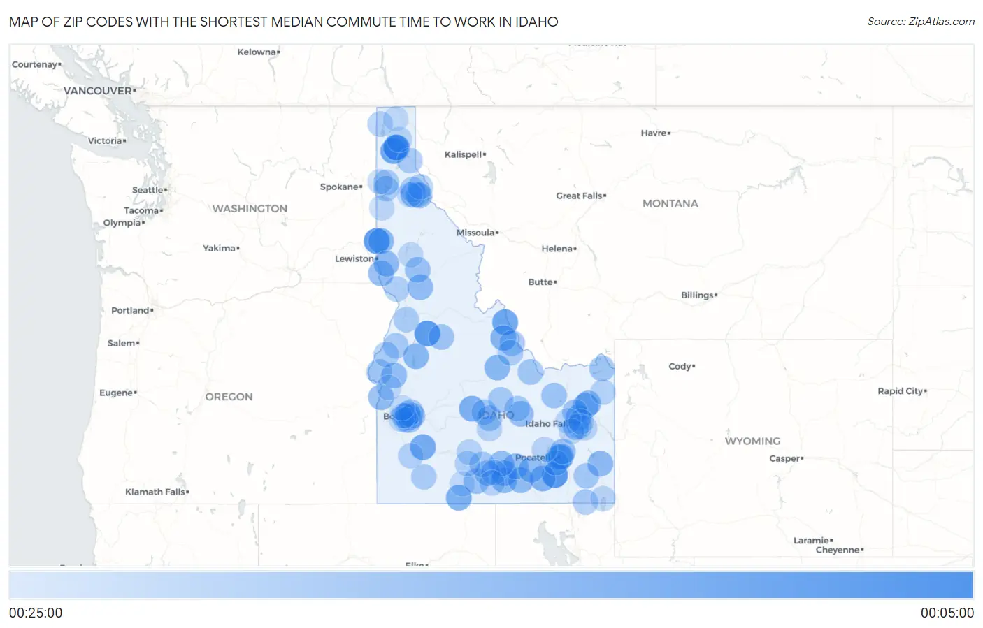 Zip Codes with the Shortest Median Commute Time to Work in Idaho Map