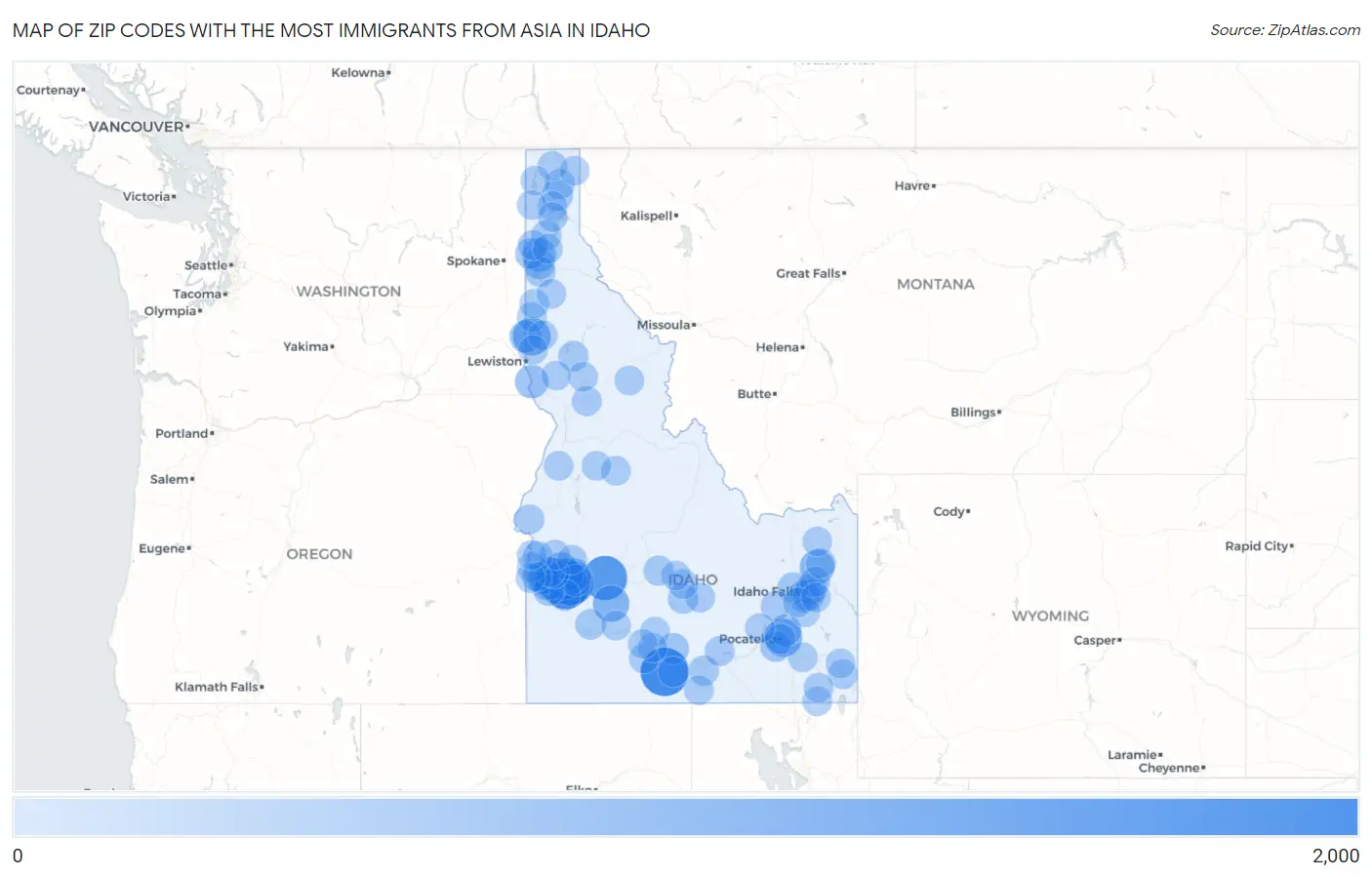 Zip Codes with the Most Immigrants from Asia in Idaho Map