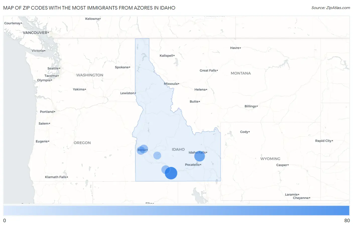 Zip Codes with the Most Immigrants from Azores in Idaho Map
