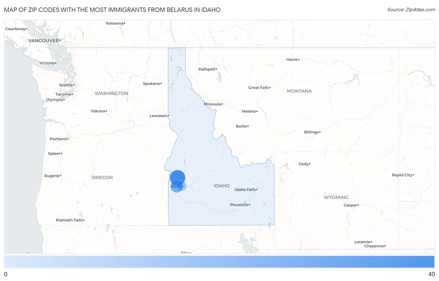 Zip Codes with the Most Immigrants from Belarus in Idaho Map
