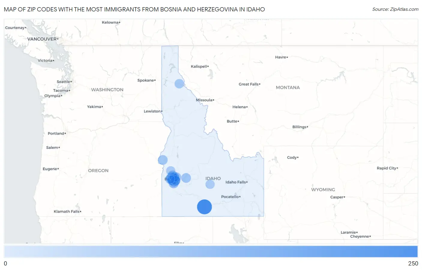 Zip Codes with the Most Immigrants from Bosnia and Herzegovina in Idaho Map