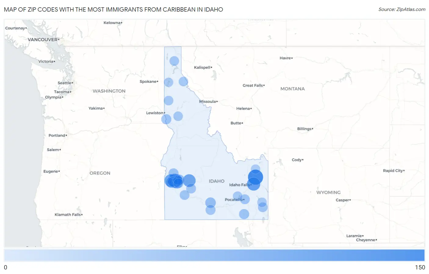 Zip Codes with the Most Immigrants from Caribbean in Idaho Map