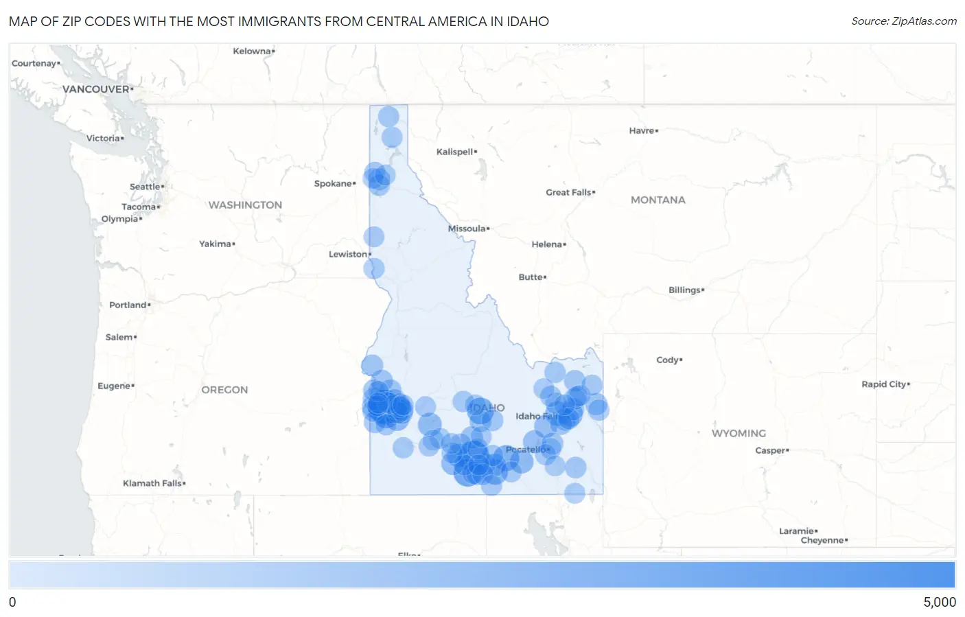 Zip Codes with the Most Immigrants from Central America in Idaho Map