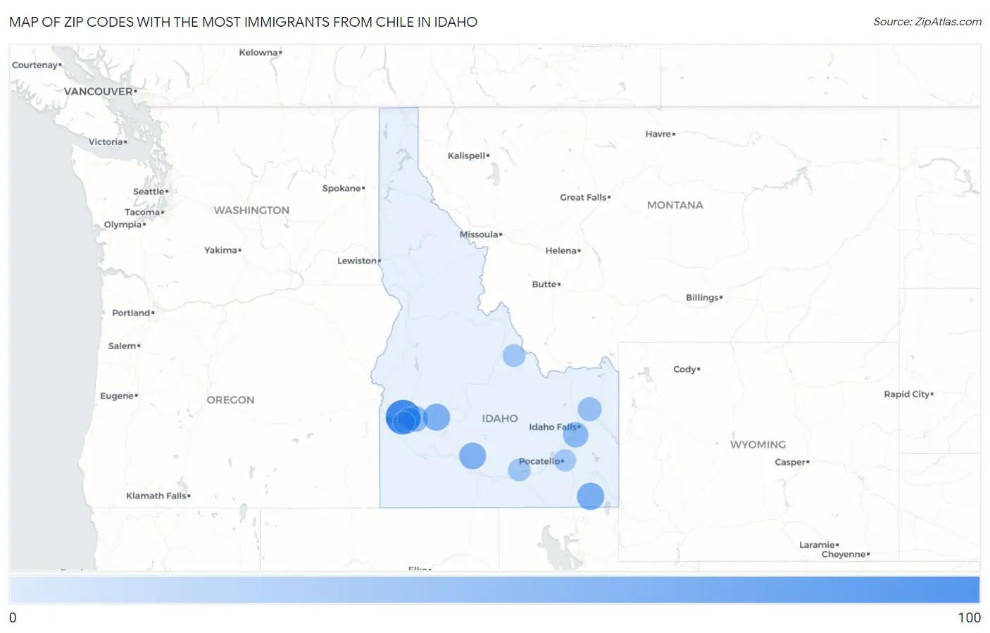 Zip Codes with the Most Immigrants from Chile in Idaho Map