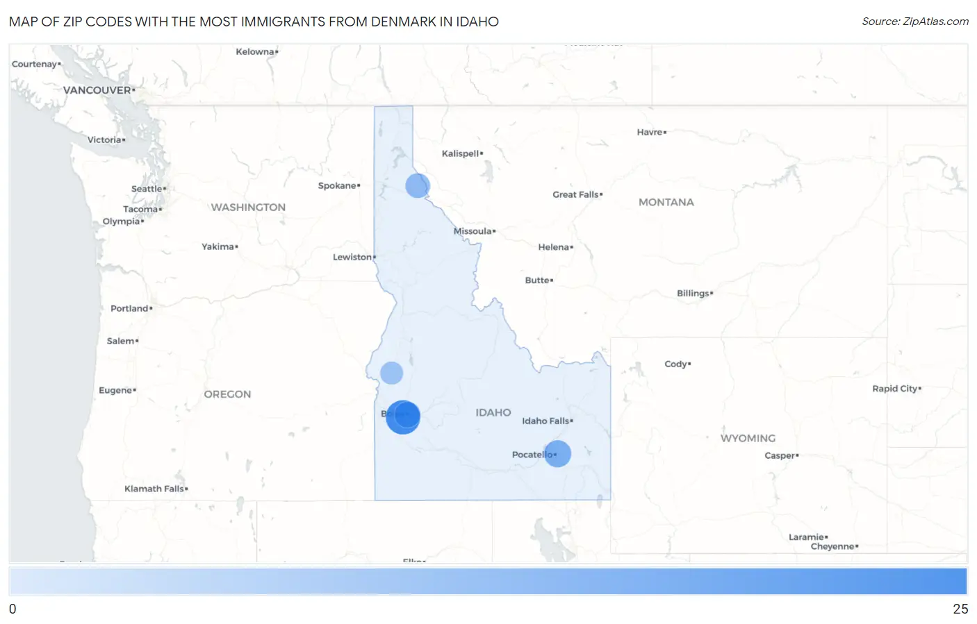 Zip Codes with the Most Immigrants from Denmark in Idaho Map