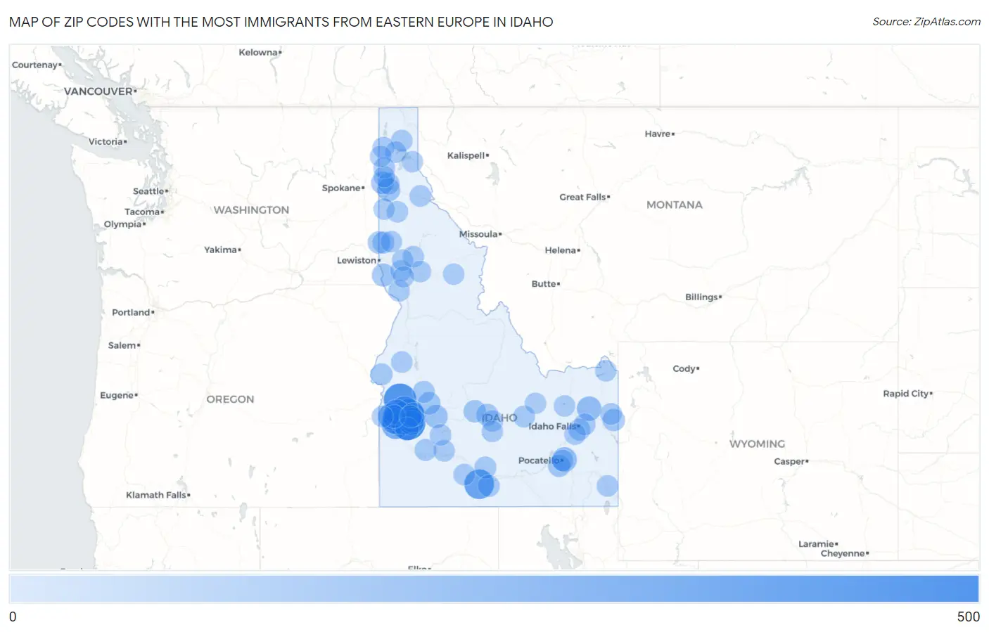 Zip Codes with the Most Immigrants from Eastern Europe in Idaho Map