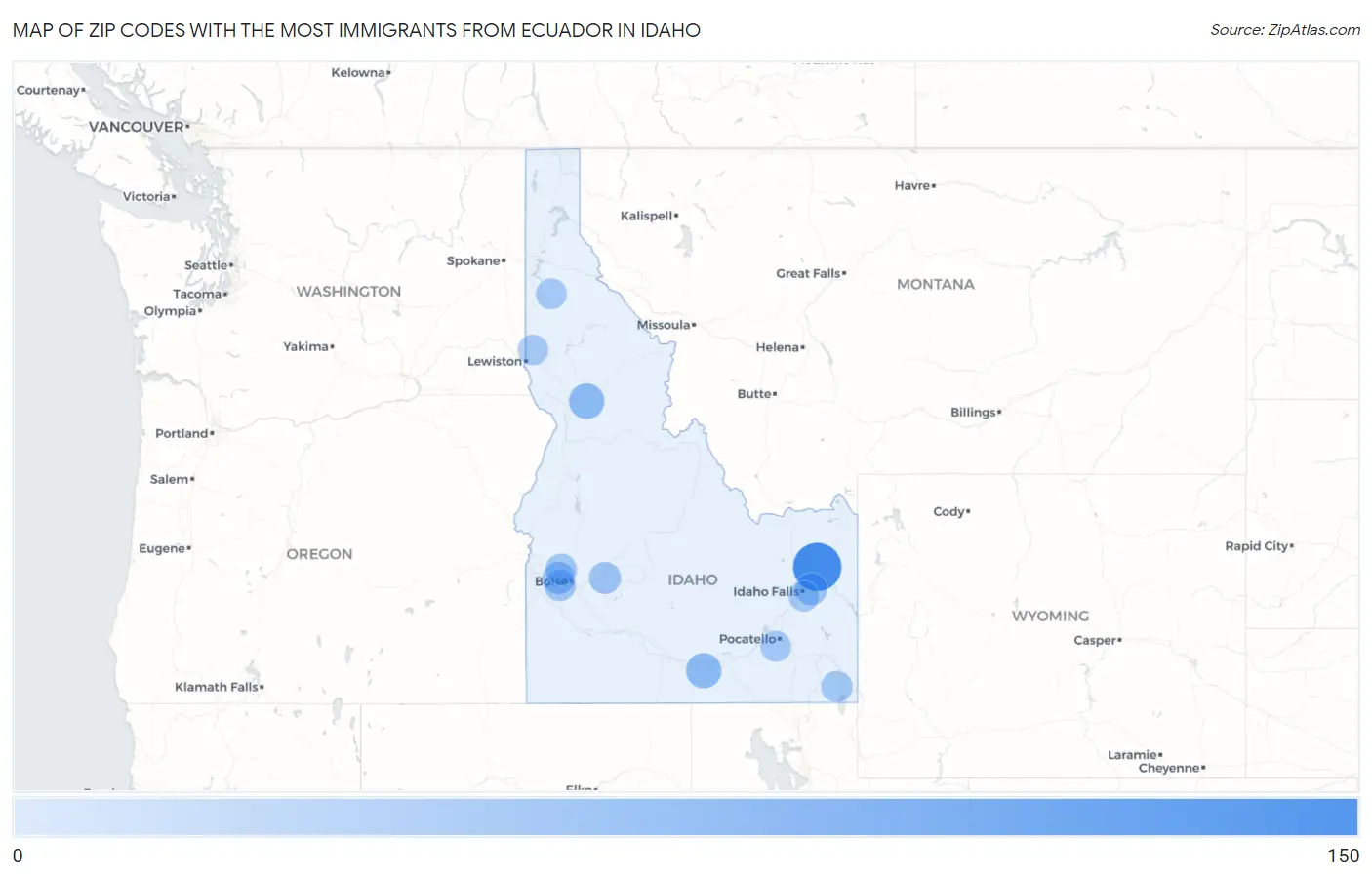 Zip Codes with the Most Immigrants from Ecuador in Idaho Map