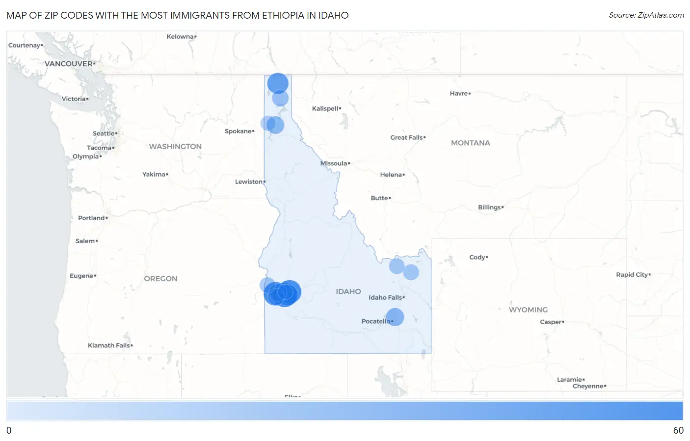 Zip Codes with the Most Immigrants from Ethiopia in Idaho Map