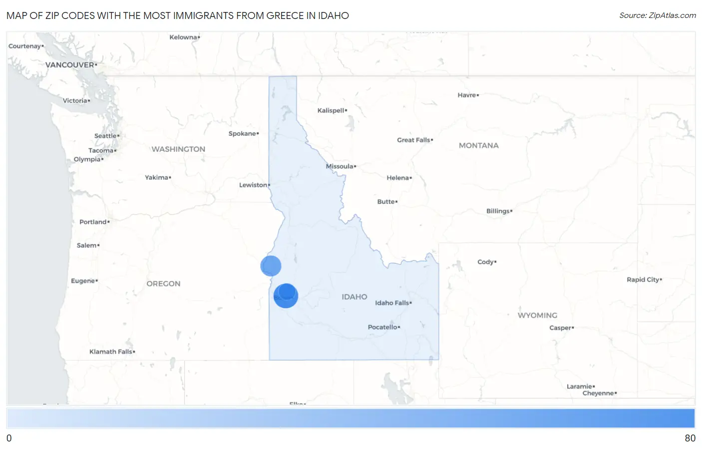 Zip Codes with the Most Immigrants from Greece in Idaho Map