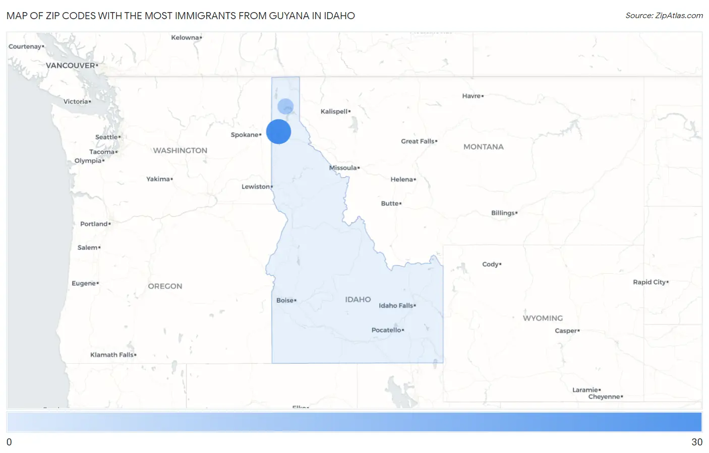 Zip Codes with the Most Immigrants from Guyana in Idaho Map