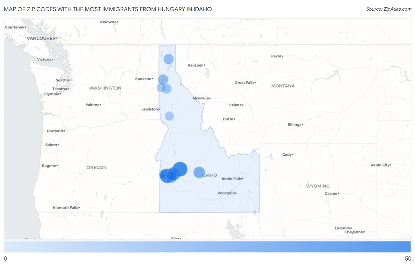 Zip Codes with the Most Immigrants from Hungary in Idaho Map