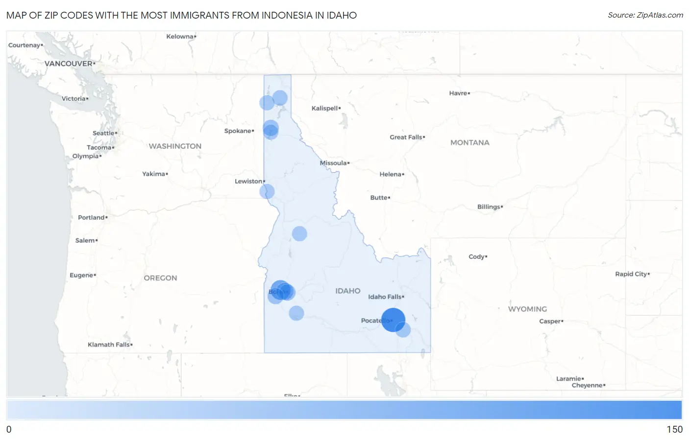 Zip Codes with the Most Immigrants from Indonesia in Idaho Map