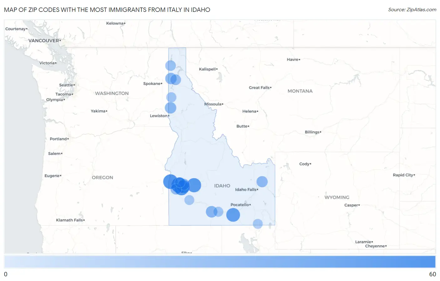 Zip Codes with the Most Immigrants from Italy in Idaho Map