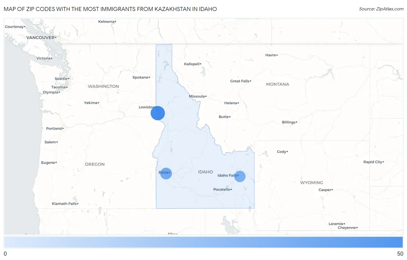 Zip Codes with the Most Immigrants from Kazakhstan in Idaho Map