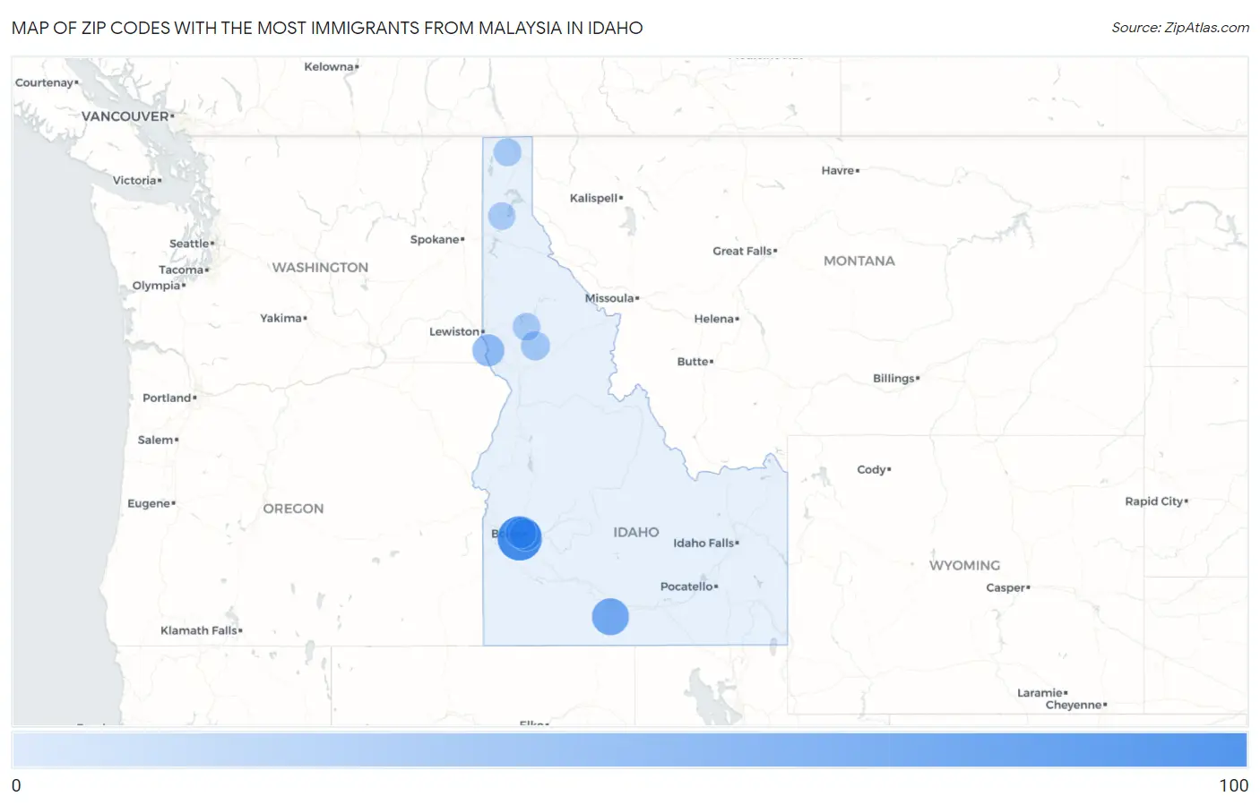 Zip Codes with the Most Immigrants from Malaysia in Idaho Map