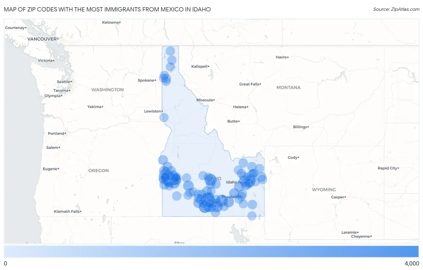 Zip Codes with the Most Immigrants from Mexico in Idaho Map