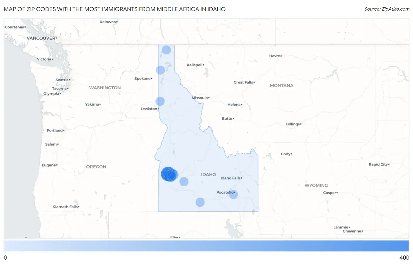 Zip Codes with the Most Immigrants from Middle Africa in Idaho Map