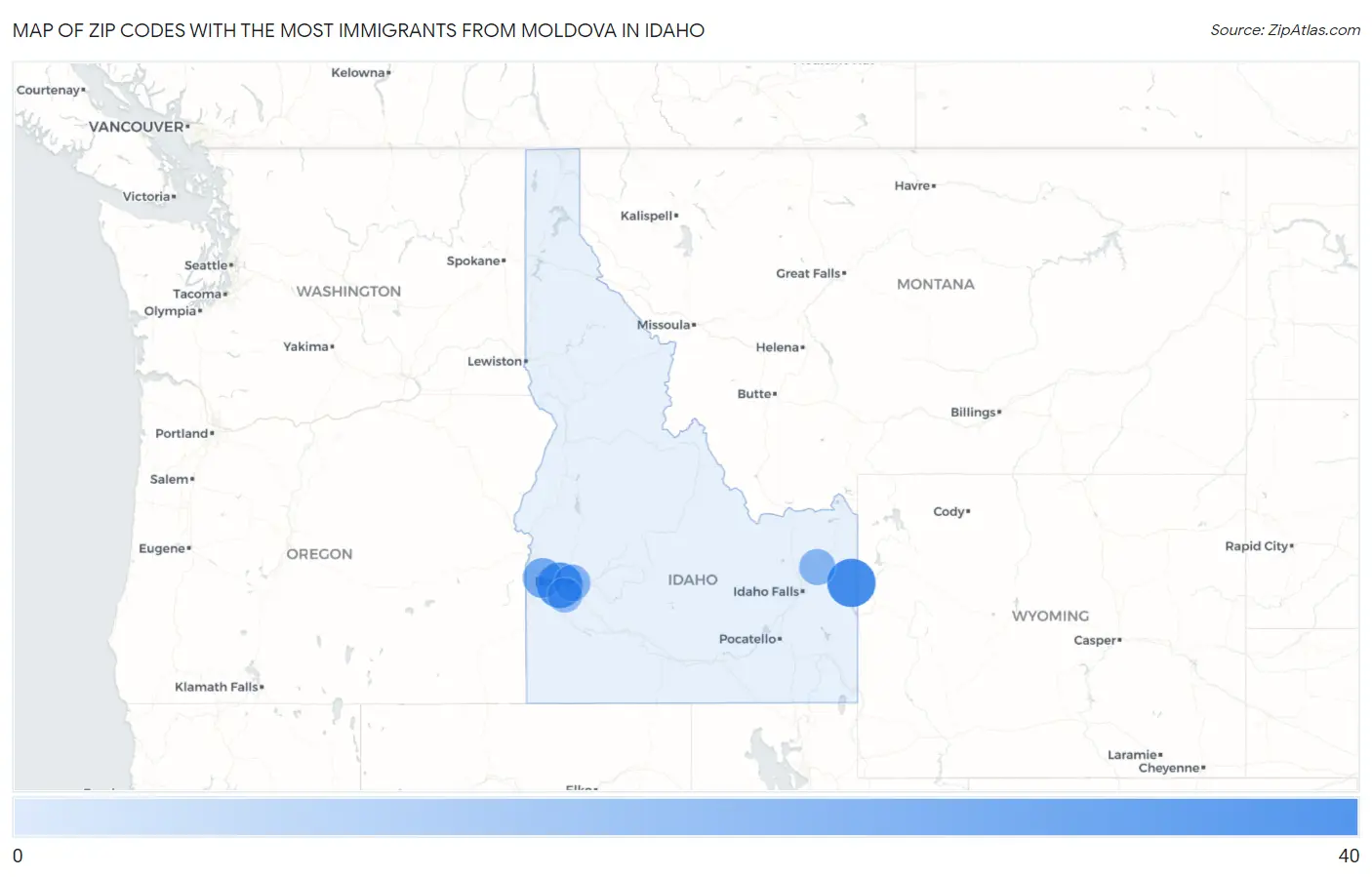Zip Codes with the Most Immigrants from Moldova in Idaho Map